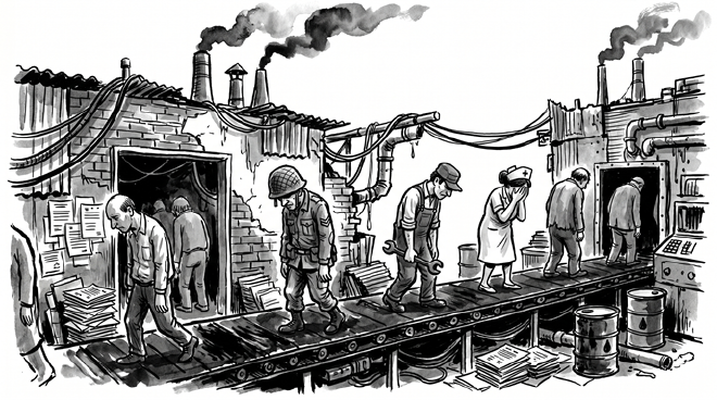 Ilustración en blanco y negro para Fábrica de héroes