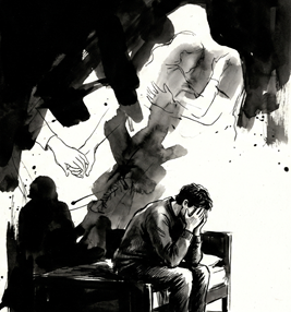 Ilustración en blanco y negro para Tomo su mano