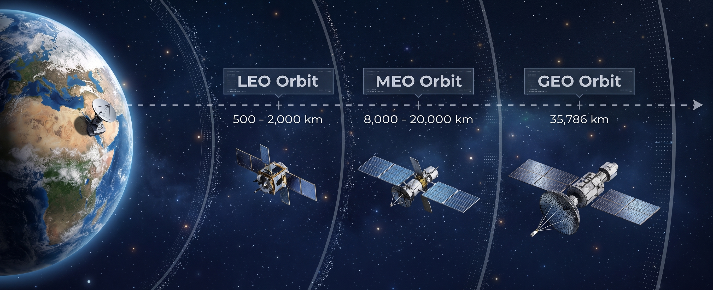 Comparación visual de órbitas LEO, MEO y GEO