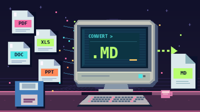 Ilustración pixel art de una computadora retro que convierte documentos de Office y PDF a Markdown