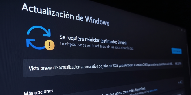 Pantalla con aviso de actualización de seguridad y una PC de trabajo conectada a red