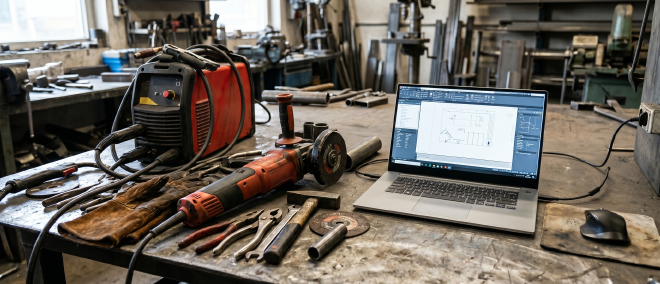 Mesa de trabajo con una soldadora, herramientas físicas y una notebook al lado