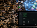 Una biblioteca digital caótica que atraviesa un portal y aparece ordenada