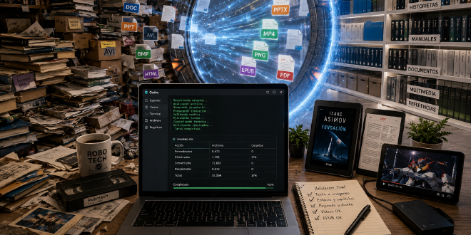 Una biblioteca digital caótica que atraviesa un portal y aparece ordenada