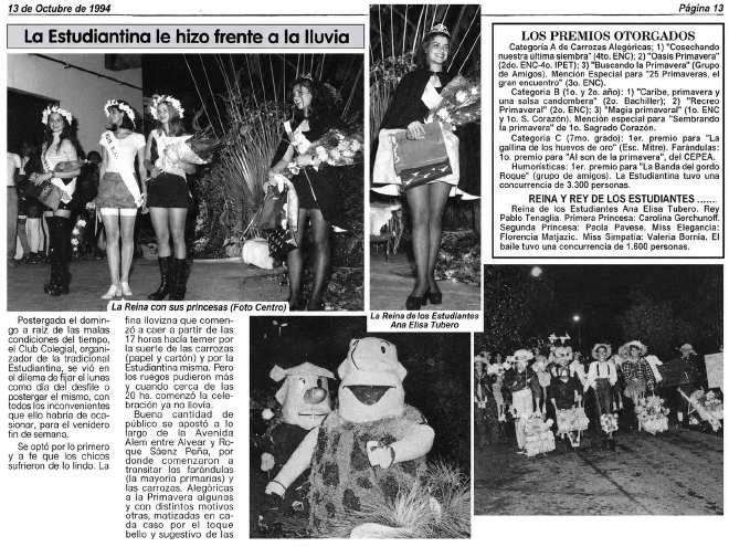 Semanario del 13 de octubre de 1994: la Estudiantina le ganó al mal tiempo